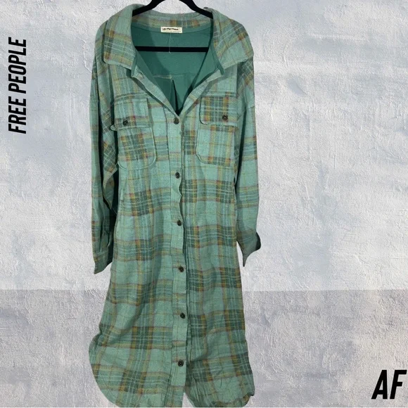 FREE PEOPLE LONG RUBY PLAID JACKET IN GREEN COMBO NEW LARGE - Picture 6 of 8